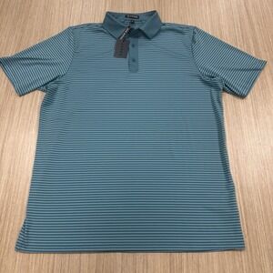 ASHER Golf Polo Shirt L Teal Blue Striped Performance Stretch NWT Made in Korea